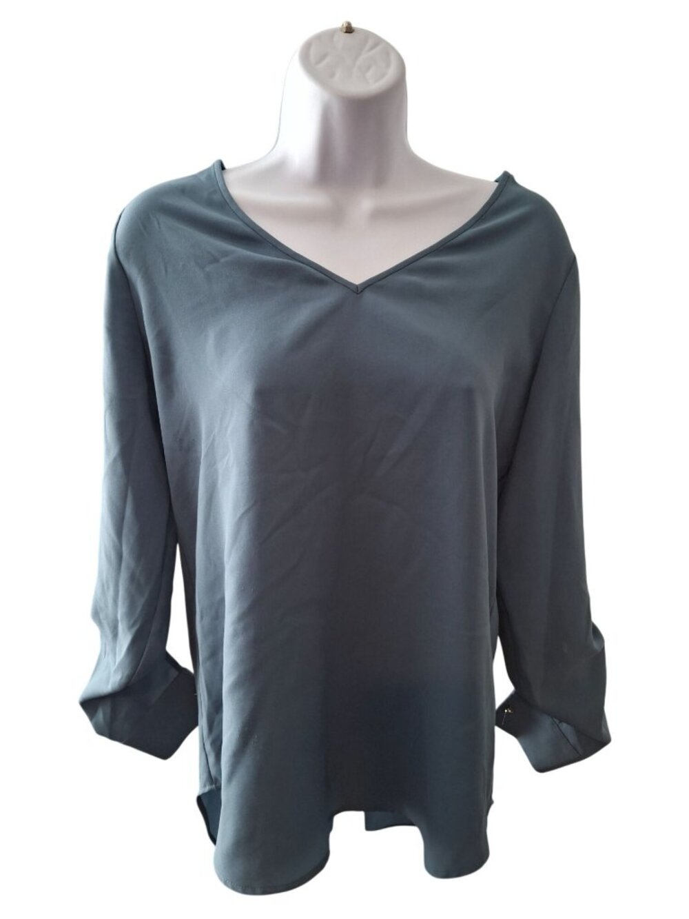 Ann Taylor XS Blue V Neck Blouse Roll Tab Sleeve High Low Minimalist Workwear